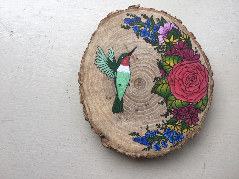 kuş ve çiçekli ahşap boyama modeli