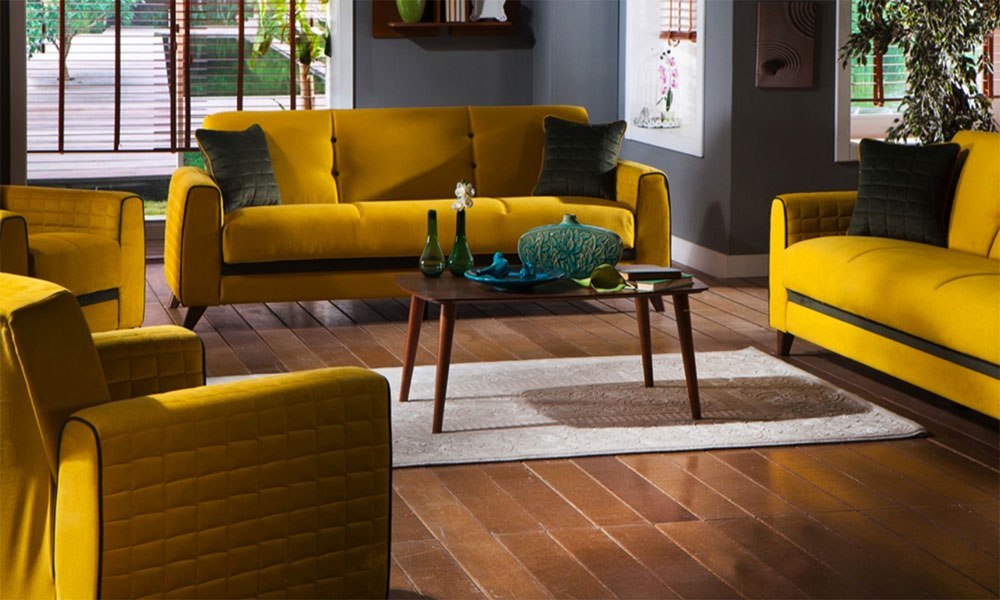 Klasik Koltuk Takımı Modelleri ve Modası. Tek Renk, Sade Koltuk Takımları Modelleri hardal koltuk takımı modeli
